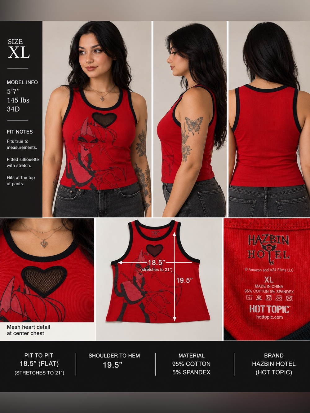 Hot Topic Hazbin Hotel Charlie Heart Mesh Crop Tank Top Red Black Ringer XL